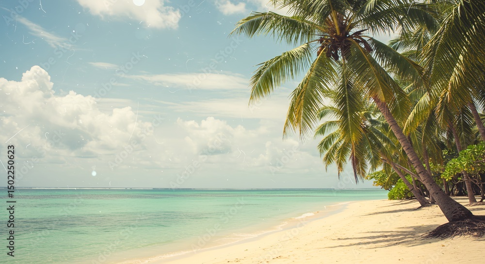 Fototapeta premium Vintage Tropical Beach Scene with Film Grain and Sun Flare
