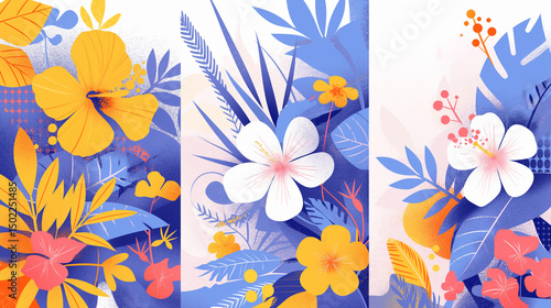 抽象的に描かれた熱帯植物モチーフ夏のリゾートのトリプティックアート