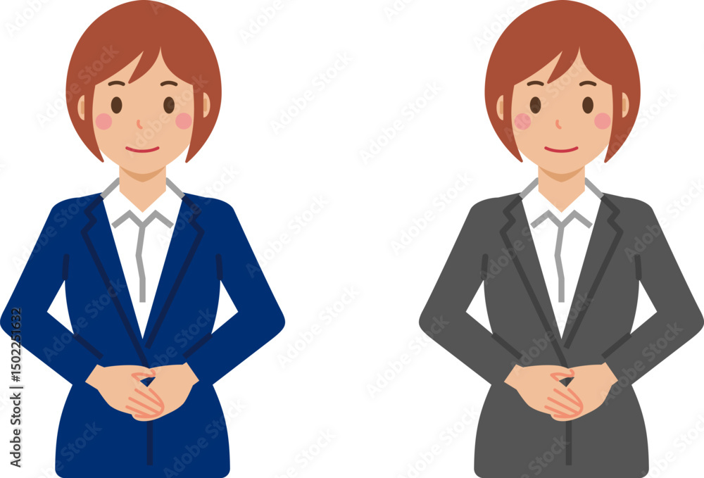 手を前で重ねて立つショートヘアの若い女性。スーツ姿の上半身 手を前で重ねて立つショートヘアの若い女性。スーツ姿の上半身