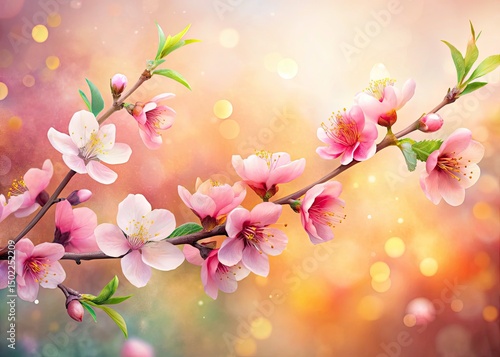 Peach Blossom Watercolor Background, Soft Gradient Floral Wallpaper, Bokeh Effect, Romantic Spring Design