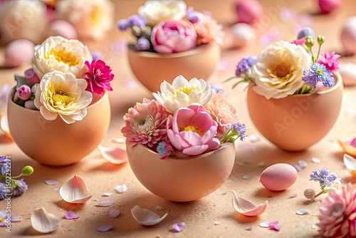 Peach Fuzz Background, Eggshell Flower Arrangement, Floral Still Life Photography, Spring Bloom, Delicate Flowers