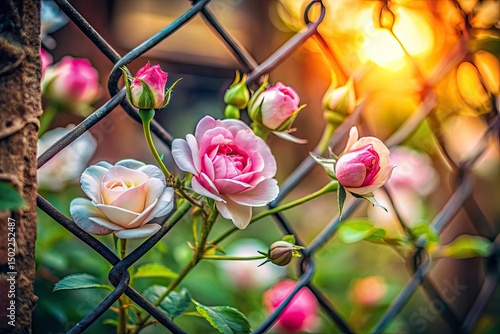 Pink and White Rose Buds Bokeh - Rusty Metal Grid Background - Spring Flowers Photography