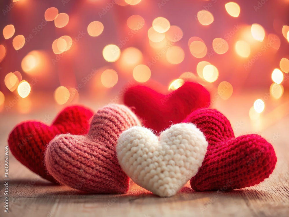 Fototapeta premium Pink Background Night Photography: Red & White Wool Hearts, Valentine's Day, Romantic, Love, Cozy, Hearts, Wool, Night Shot, Low Light, Copy Space