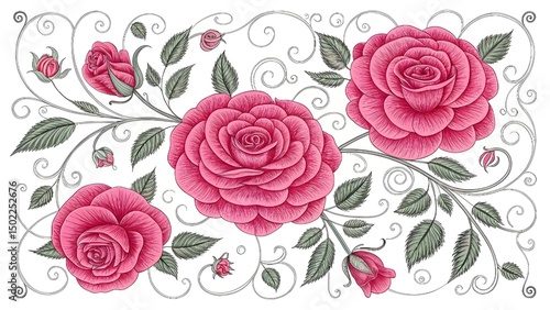 A vibrant display of floral elegance.Red blossoms intertwine in a decorative pattern.