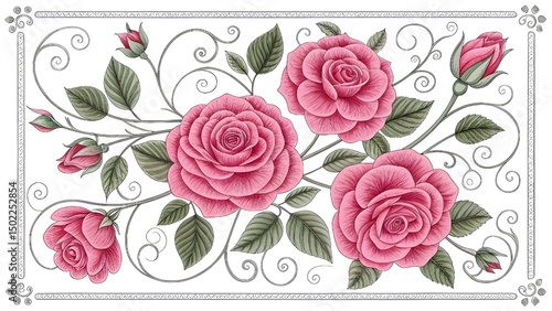 A vibrant display of floral elegance.Red blossoms intertwine in a decorative pattern.