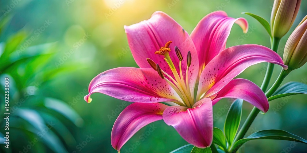 Fototapeta premium Pink Lily Close Up, Blooming Pink Lily Flower Macro Photography, Beautiful Pink Lilies, Floral Photography, Lily Bloom