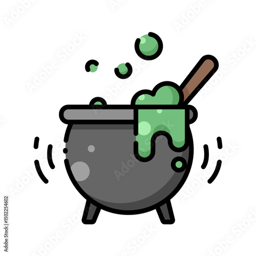 Cauldron with green potion and wooden spoon Halloween icon. Suitable for Halloween designs, witchcraft themes, spooky illustrations, and magical concepts.