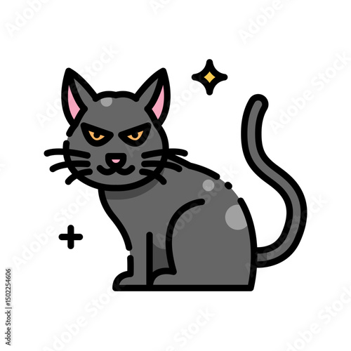 Halloween icon Black cat with yellow eyes, perfect for Halloween designs, spooky themes, pet products, and animal lover content in need of an eerie vibe.