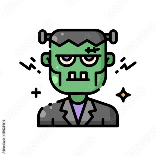 Halloween icon Frankenstein in a suit with classic spooky yet professional appeal. A unique twist for Halloween themed marketing materials or quirky designs.