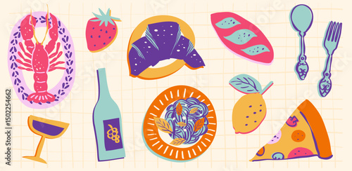 Mediterranean Hand Drawn Italy Food Lunch Breakfast Healthy and Tasty Sea Food Vector Illustration Pasta, Crab, Olive, Lobster, Lemon. Dolce Vita