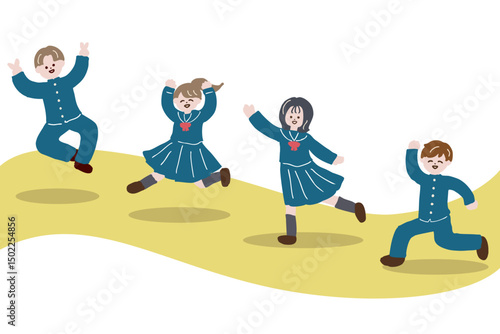 楽しそうに走る学生の全身フラットイラスト