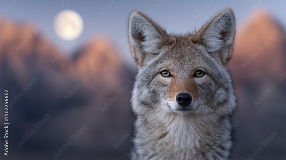 Fototapeta premium Majestic Coyote Portrait Full Moon Desert Landscape