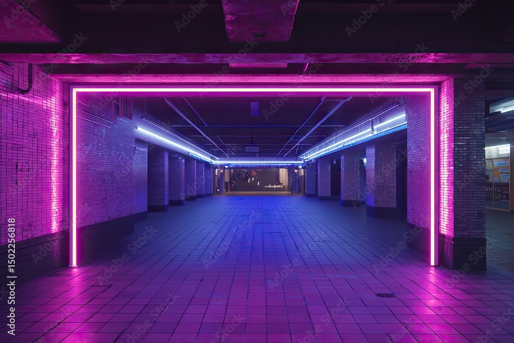 Neon-lit underground passageway. Neon-lit underground passageway.