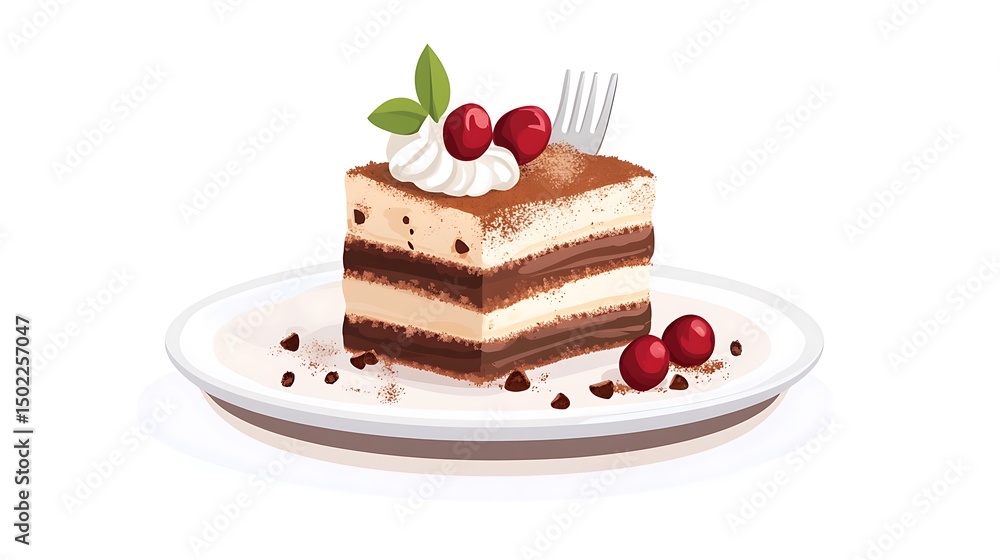 Delicious Tiramisu Dessert on Plate with Fork, Cherries, and Leaf Delicious Tiramisu Dessert on Plate with Fork, Cherries, and Leaf
