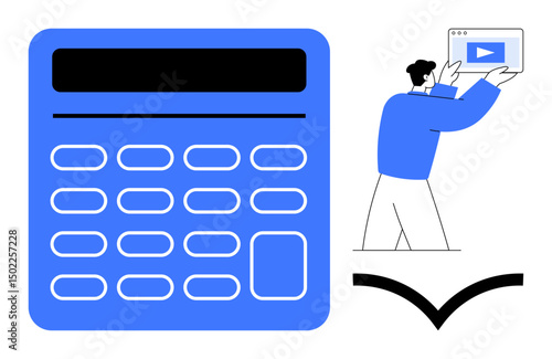 Large blue calculator with outlined buttons, individual holding a video player screen, and open book element. Ideal for education, finance, learning, technology, data, tutorials simple landing page