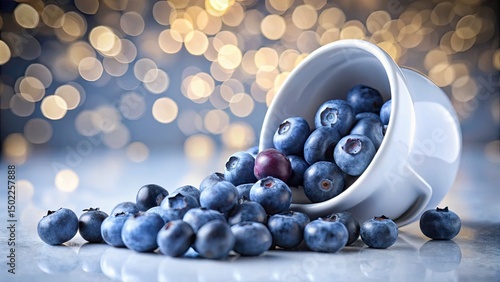 Scattered Blueberries, White Cup, Full Depth of Field, Food Photography, High-Resolution Image, Clipping Path, Blueberry Still Life, White Background
