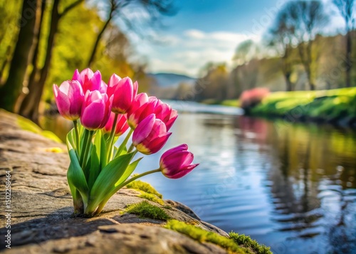 Serene Pink Tulips: Solitude by the Riverbank - Peaceful Nature Photography