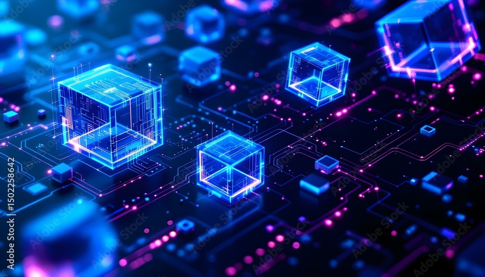 Abstract 3D technology background featuring floating digital cubes and circuits, glowing edges in electric blue and violet, modern and dynamic composition. Abstract 3D technology background featuring floating digital cubes and circuits, glowing edges in electric blue and violet, modern and dynamic composition.