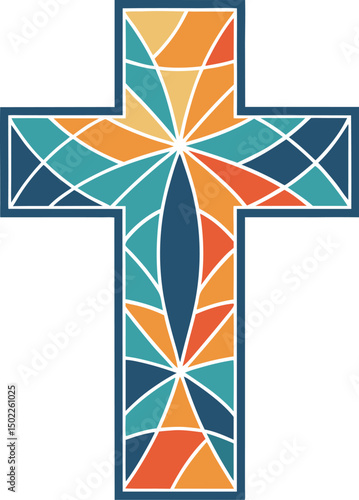 Colorful stained glass cross design, symbolizing faith and spirituality.