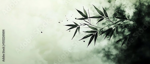 Serene bamboo leaves, misty background, zen
