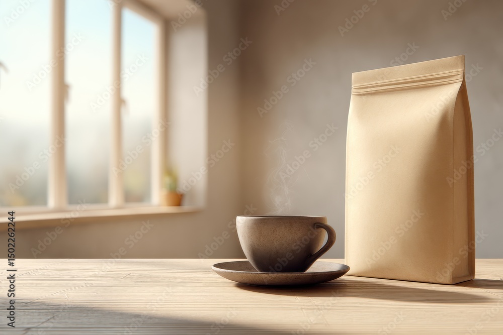 Obraz premium Warm cup of steaming coffee beside a kraft paper bag on a wooden table in a cozy room with natural light streaming through the window