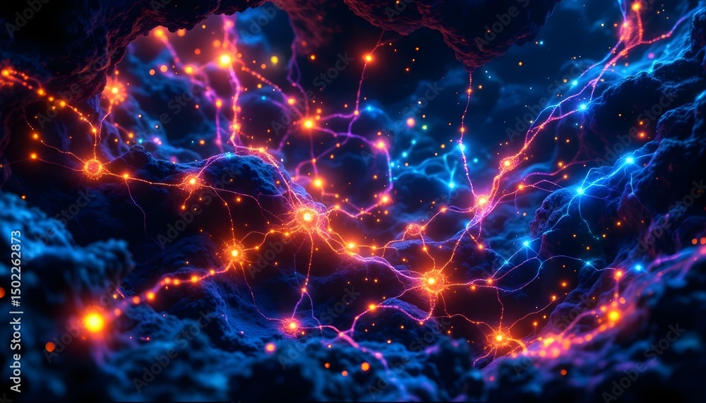 Abstract AI neural network with bright nodes and flowing connections in vibrant colors . Abstract AI neural network with bright nodes and flowing connections in vibrant colors .