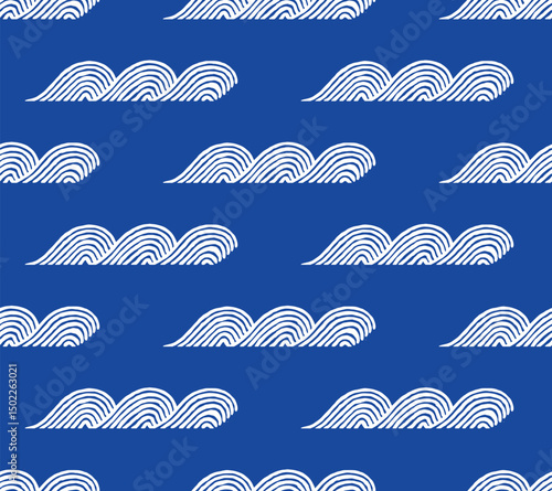 Hand drawn brush lines abstract wave and water or clouds seamless pattern, Japanese folk, ethnic wood carving texture background, simple and cute graphic for textile, carpet, decoration