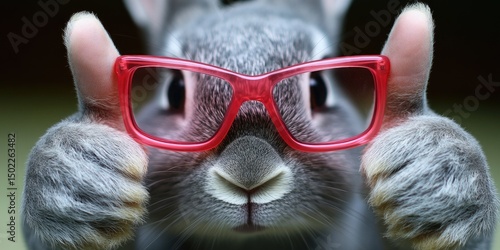 A grey bunny with red glasses gives a thumbs up with both paws