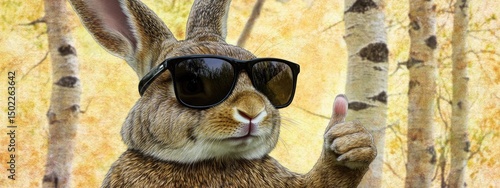 A brown rabbit wearing sunglasses, with one paw raised in a thumbs up gesture, stands in front of a blurred backdrop of birch trees