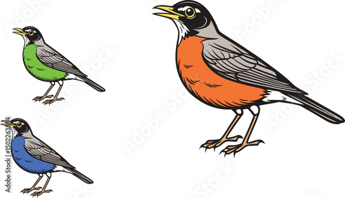 Colorful wild birds with vibrant feathers on a tree branch in nature
