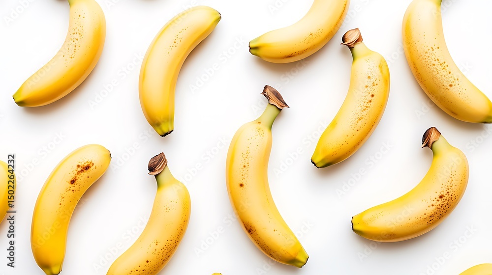 Yellow Ripe Banana Pattern, Spotted Fruits, Curved Shape on a White Backdrop Yellow Ripe Banana Pattern, Spotted Fruits, Curved Shape on a White Backdrop
