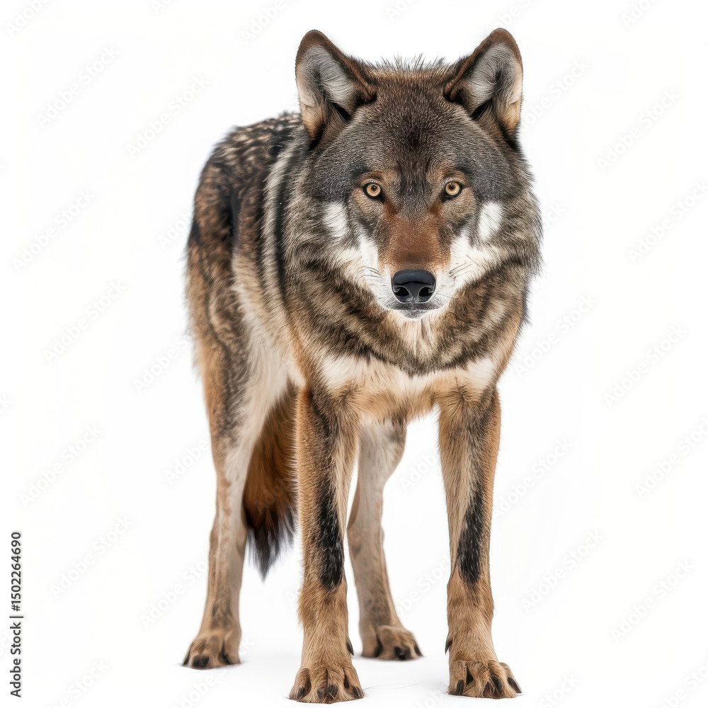 Obraz premium Wild wolf gazing intently against a pure white backdrop enhancing its fierce beauty