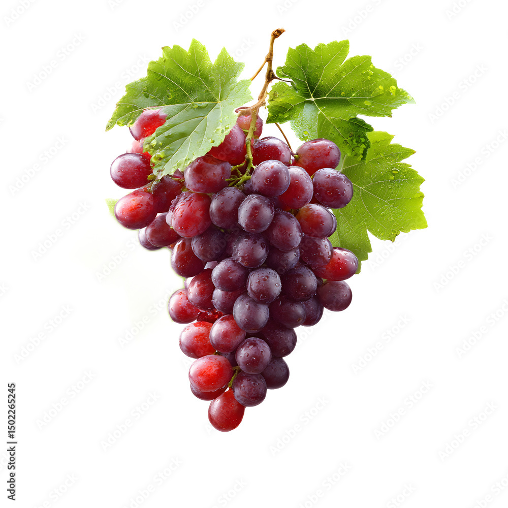 Fototapeta premium A vibrant cluster of ripe juicy red grapes hanging from the vine surrounded by fresh green leaves against a white background