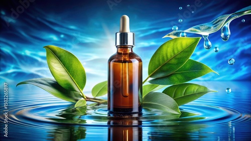 Surreal Cosmetic Oil: Brown Bottle, Blue Background, Flowing Water, Leaves