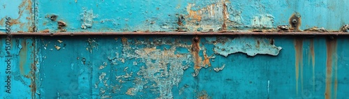 Weathered blue metal surface with peeling paint and rust