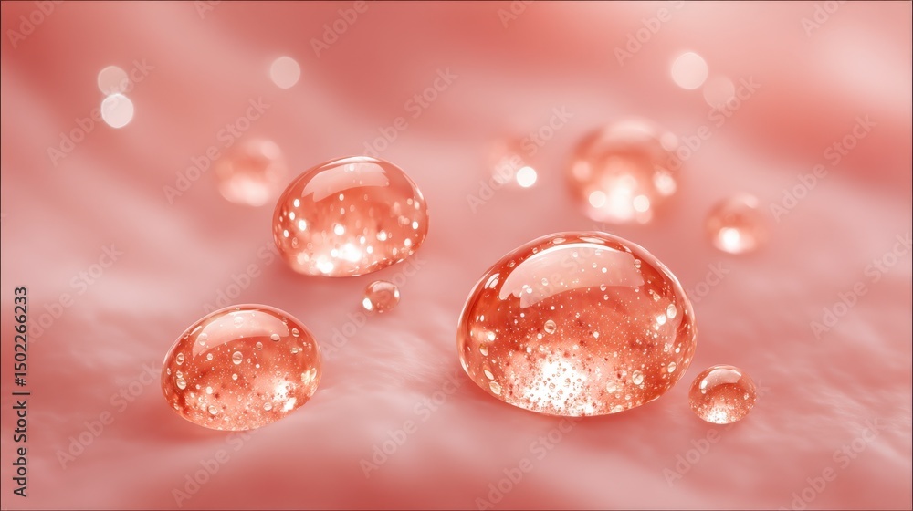 Fototapeta premium Sparkling Water Droplets on Soft Pink Surface Macro Photography