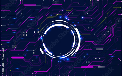 Neon light blue circle portal with electronics elements and wires are on a futuristic technology circuit board. Technology sky-fi background. 
