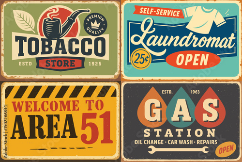Retro Sign Collection – Vintage Metal Posters for Tobacco, Area 51, Gas Station, and Laundry Room