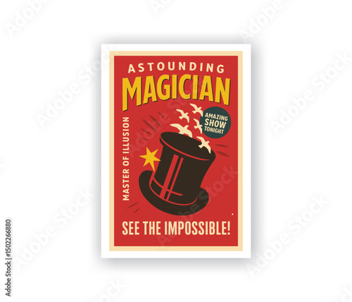 Vintage Magic Performance Poster – Retro Flyer with Magician’s Cylinder Hat and White Birds on Old Paper Texture