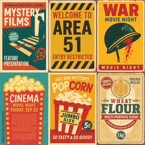 Retro Poster Set – Area 51, Mystery and War Movies, Cinema Snacks, and Vintage Grocery Ads