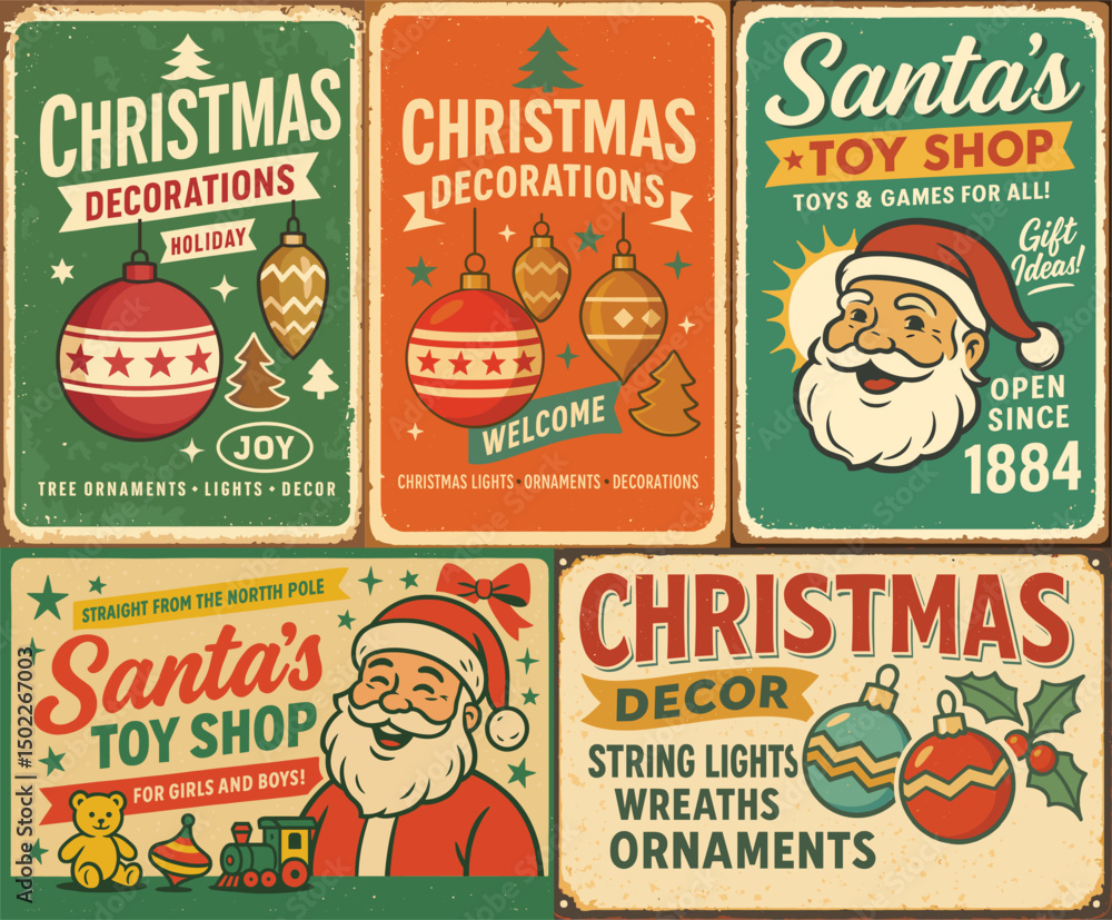 Retro Christmas Poster Collection – Vintage Vector Designs for Concert, Cookies, Decorations, and Santa Toy Store