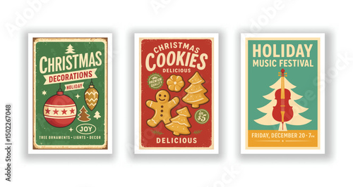 Retro Christmas Poster Set – Vintage Vector Designs for Concert, Cookies, and Holiday Decorations
