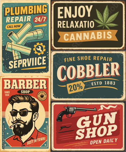 Retro Sign Poster Set – Vintage Vector Illustrations for Cannabis, Cobbler, Gun Shop, Plumbing, and Barber Services