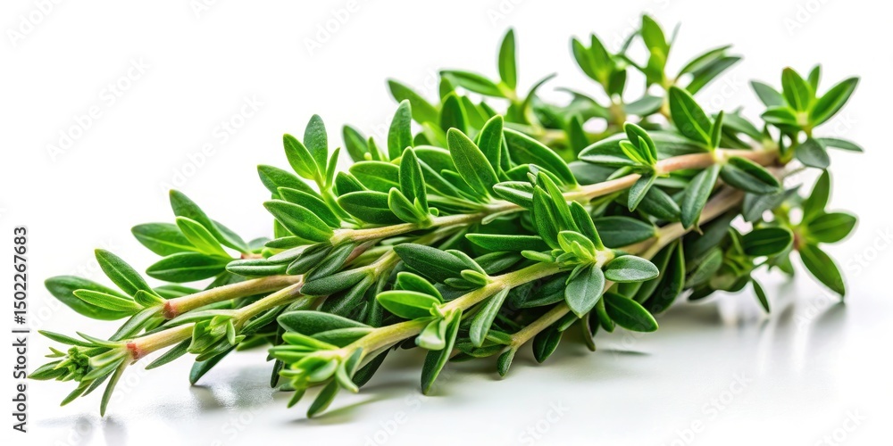 Fototapeta premium Thyme Herb, Medicinal Plant, Culinary Herb, Aromatic Thyme, White Background, Isolated Thyme Sprig, Fresh Thyme, Closeup Thyme, Herbal Photography, Food Photography, Thyme Leaves, Healthy Herb