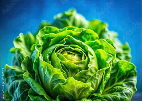 Tilt-Shift Iceberg Lettuce Pattern, Miniature Food Photography, Blue Background, Macro Shot