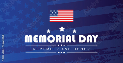 Memorial Day Vector Illustration with American Flag on Blue Background.