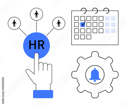 HR button connected to team, hand selecting it, calendar with a marked date, gear with notification icon. Ideal for HR planning, workforce, organization, deadlines, meetings alerts flat simple