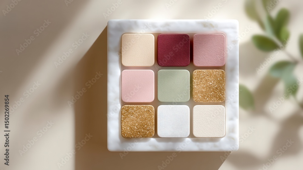 Fototapeta premium Elegant Makeup Palette Neutral Shades Soft Textures Marble Tray Flatlay