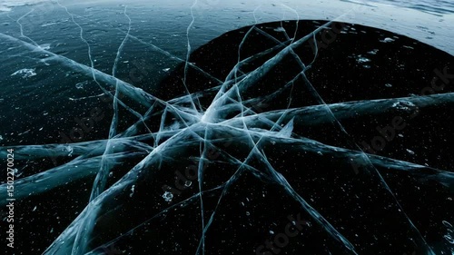 4K video, slow motion, cracked ice with intricate patterns and a subtle blue hue, ice surface shattering with alpha channel. Transparent background for motion design, VFX, winter , dramatic transition