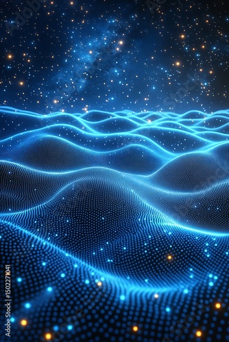 Abstract digital landscape of glowing waves and stars
